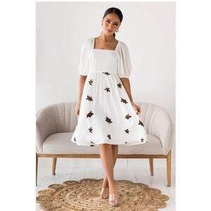 Polagram Milkmaid Dress Sz M Pockets Puff Sleeves Flocked Leaf Smocked Cottage